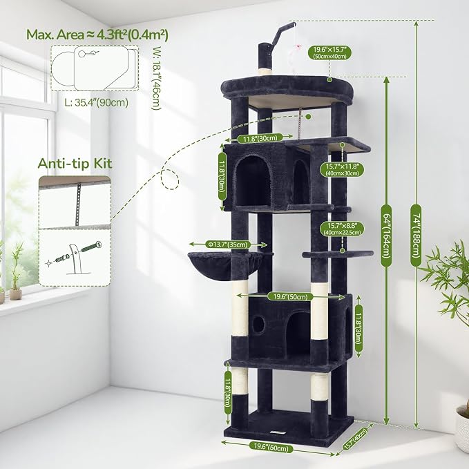 Globlazer 74in Cat Tree for Indoor Cats Large Adult, Heavy Duty Cat Tower with 5 Sisal Scratching Posts, 2 Caves, Oversized Top Perch, Hanging Basket, F74B, Dark Grey