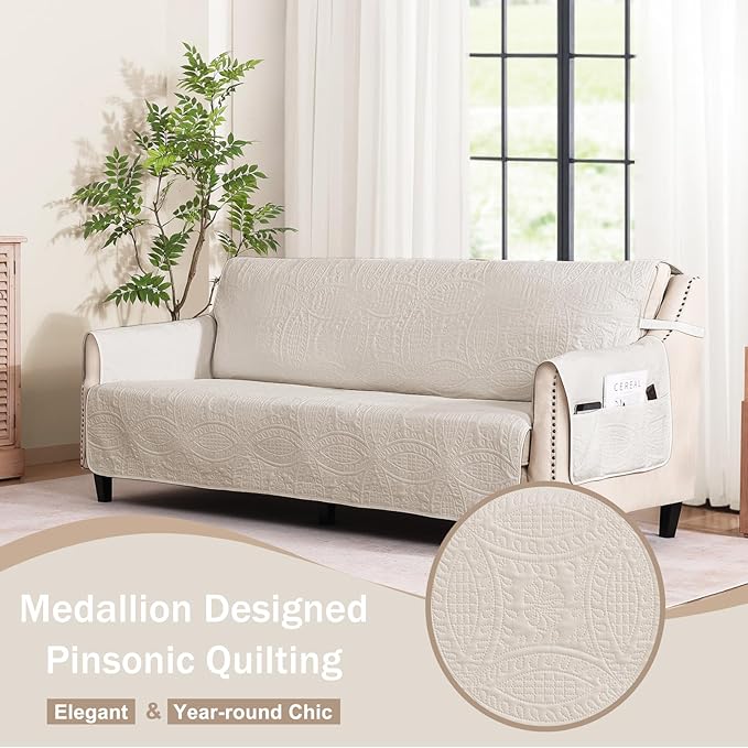 Quilted Beige Sofa Slipcovers with Pockets, Anti-Slip Medallion Couch Covers for Sofa, Couch Cover for Dogs Cats Water-Repellent Machine Washable Sofa Cover (Large Sofa 68", Beige Cream)