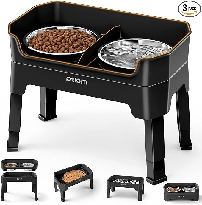KPWACD 3-in-1 Elevated Dog Bowls Mess Proof Raised Slow Feeder Dog Bowls, 4 Height Adjustable Stand Licking Plate with 2 56oz Stainless Steel Doggy Food Dish for Small Medium Large Pets