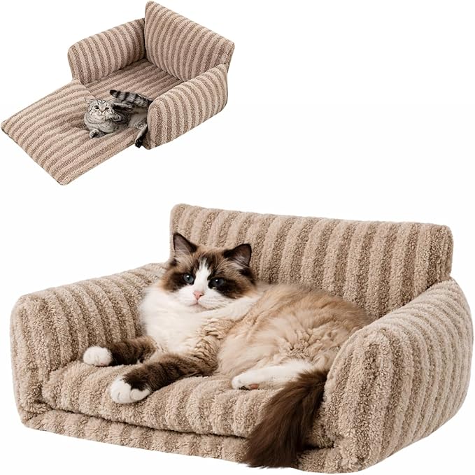 Hollypet Cat Bed Fluffy Plush Multifunctional Double-Layer Machine Washable Soft Warming Kitty Pet Couch Orthopedic Nest Beds for Small Cats Kitten and Dogs up to 13lbs, Khaki(25x20x13 inch)