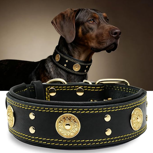 Genuine Leather Dog Collar for Large Dogs,2 in Wide Heavy Duty,BK-GD-S | Handmade,Stainless Steel Pin Buckle,Soft Padded,Alloy Studded,Luxury Eye-catching Design,Medium Large Giant Breeds,15-19 in