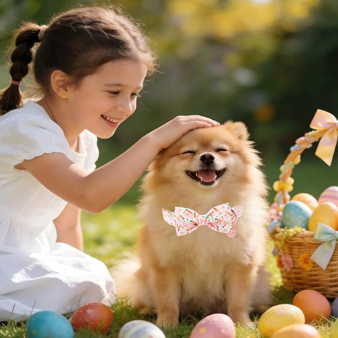 Easter Dog Collar with Bow Tie, Cotton Bunny Bowtie for Large Girl Boy Dog, Cute Rabbit Pet Collar with Metal Buckle, Gift, L