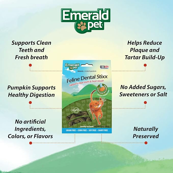Emerald Pet Grain-Free Catnip Cat Dental Treats – Crunchy Dental Sticks for Cats to Clean Teeth, Reduce Plaque & Tartar, Freshen Breath – Pumpkin for Digestive Health, Natural Cat Chews, 3.6 oz