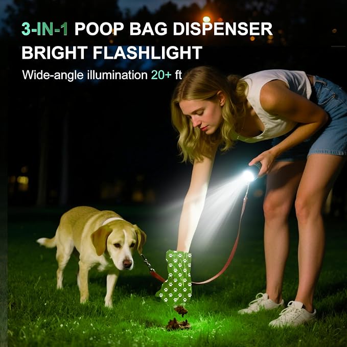 Tubasion 3-in-1 Dog Poop Bag Holder with Flashlight 7-Color, USB-C Rechargeable doggie bag holder for leash, IPX6 Waterproof Anti-Slip Clip Pet Waste Bag Dispenser for Walking (2 Dispensers, 60 Bags)