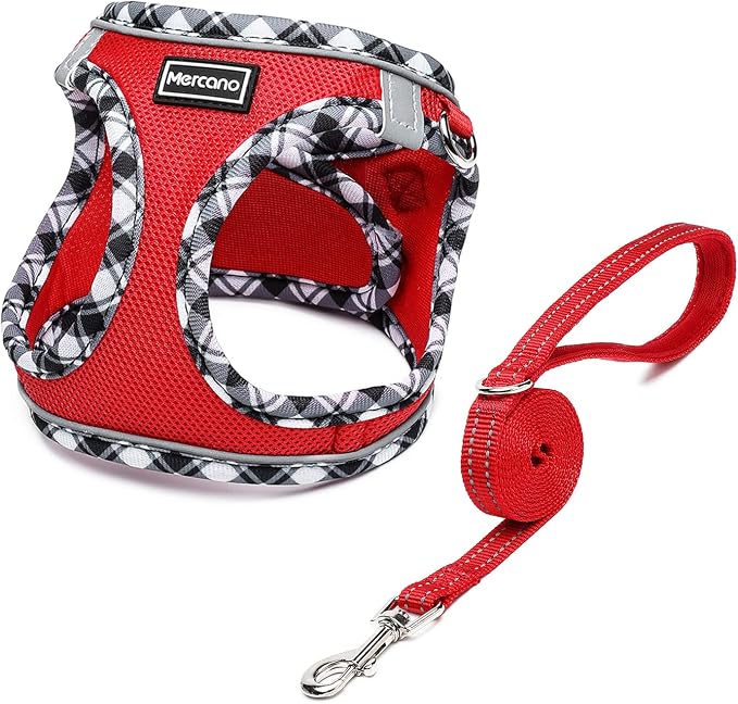 Mercano Soft Mesh Dog Harness and Leash Set, Step-in Reflective Breathable Lightweight Vest Harnesses with Safety Buckle for Small Dogs, Cats (Red, XL)