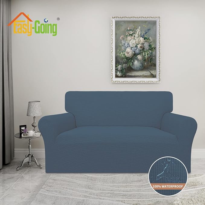 Easy-Going 100% Waterproof Oversized Loveseat Couch Cover, Dual Waterproof Sofa Cover, Stretch Jacquard Sofa Slipcover, Leakproof Furniture Protector for Kids, Pets, Dog and Cat, Bluestone