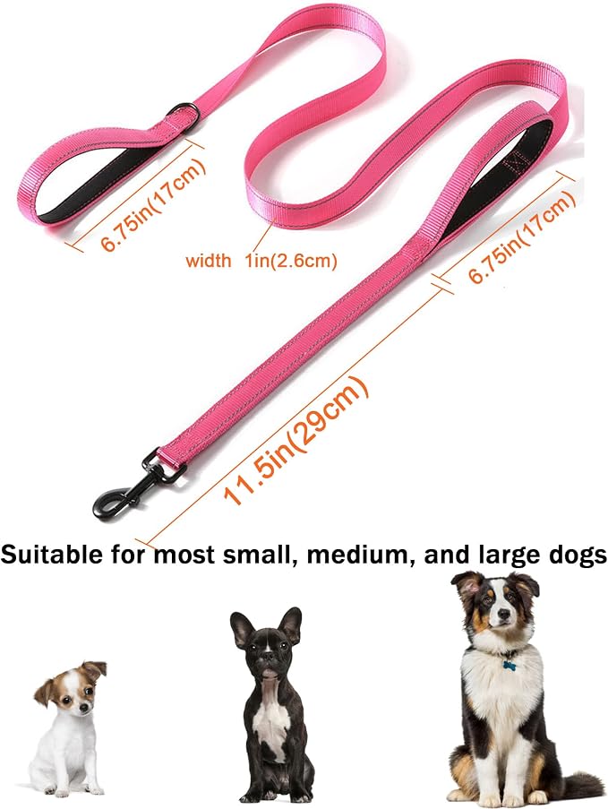 Solmoony 6FT Pink Strong Dog Leash with 2 Padded Handles, Traffic Handle Extra Control, Double-Sided Reflective Walking Lead for Small Medium and Large Dogs (Pink, 6FT)