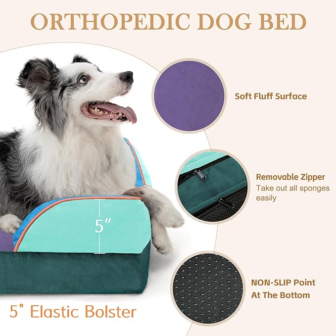 Comfort Expression Orthopedic Dog Bed for Extra Large Dogs 42x30 Inch, Waterproof Egg Crate Foam XL Pet Bed with Bolsters, Dog Couch with Washable Cover & Non-Slip Bottom, Violet Tide