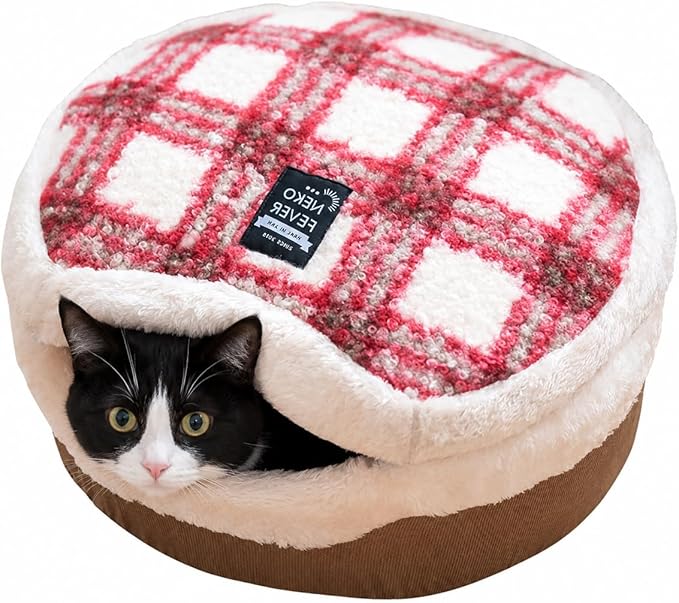 Cat Cave Bed – Enclosed Self Warming Hideaway with Detachable Lid & Mat, Covered House for Indoor Kitten & Kitty (Redwhite)