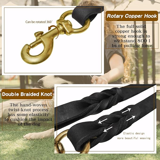 Leather Dog Leash 5ft x 3/4 inch,Strong Heavy Duty Genuine Leather Braided Dog Training Leash, Soft and Comfortable Leather Leash for Large Dogs, Medium Small Dogs (Black, 5FT*3/4in)