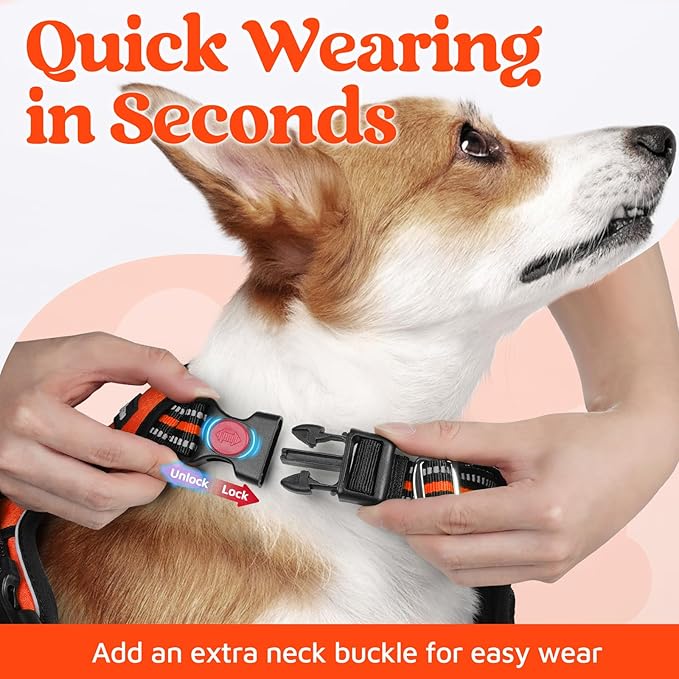 rabbitgoo Dog Harness Small Sized, 3 Buckles Easy On & Off No Pull Pet Vest, Soft Padded Walking Pet Harness with Control Handle, Adjustable and Reflective, Orange, S