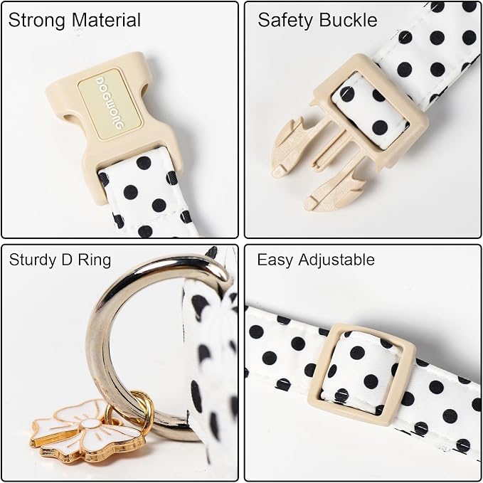 Spring Summer Dog Collar for Girl Dogs- White Polka Wedding Dog Collar, Adjustable Soft Beach Dots Dogs Collars for Large Dogs, L