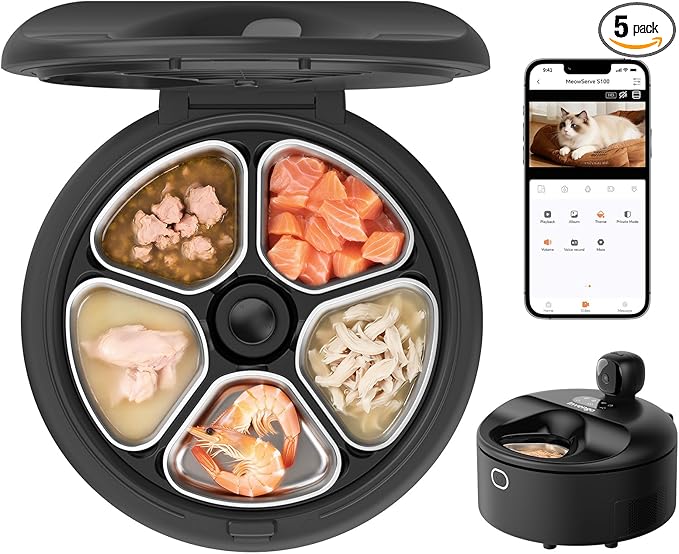 Automatic Wet Food Cat Feeder with 3MP Camera, App Control, Dual Semiconductor Cooling, Heating Feeding Area, 5 Stainless Steel Trays Pet Food Dispenser