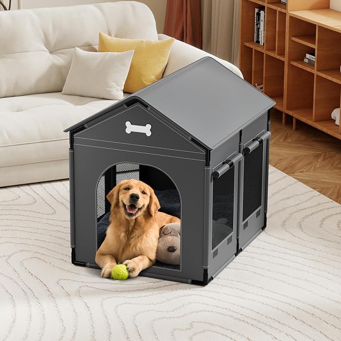 Dog House Indoor Outdoor Dog Kennel Bed Mat with Cushion for Small to Large Dogs Cats, Cozy Cooling Cat Nest Puppy Cave Sofa Pet Products Easy Assembly (Grey, X-L: 33.9" L x 26.8" W x 33.9" H)