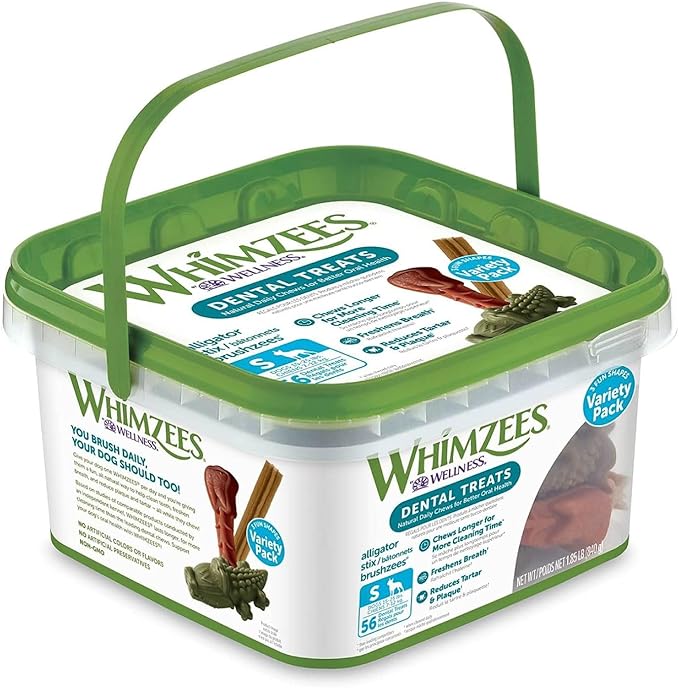 Whimzees Wellness Variety Pack Natural Dog Dental Treat, Chews, Freshens Breath, Small Size, 29.6 oz Box, 56 Count