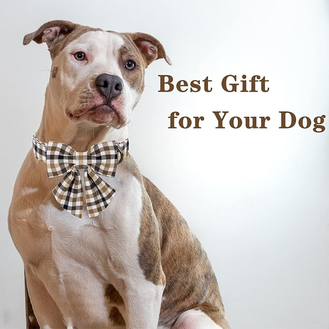 Unique style paws Christmas Dog Collar with Bow Tie Brown Plaid Puppy Collar for Small Medium Large Dogs as Autumn Winter Pet Gifts-L