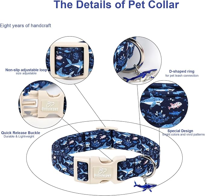 Blue Shark Dog Collar, Cute Boy Dog Collars for Giant Large Dogs - Summer Ocean Pattern Female Male Dogs Collar, Durable Adjustable Pet Cartoon Collars with Quick Release Buckle XL