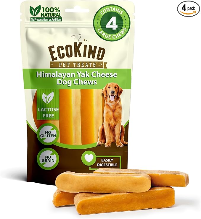 EcoKind Yak Cheese Himalayan Dog Chews, Yak Chews for Large Dogs, Long Lasting Bone for Aggressive Chewers, 3 Ingredient Natural High Protein Dog Treat, No Additives or Lactose, Large - 4 Chews (1 lb)