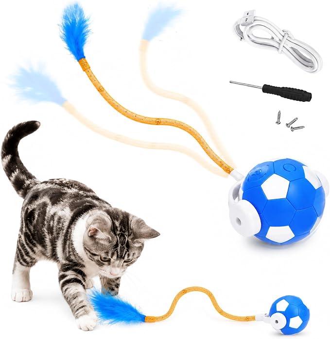 Interactive Cat Toys with Feather Tail, 3 in 1 Automatic Moving Cat Ball, USB Rechargeable Smart Rolling Pet Toy with Obstacle Avoidance for Indoor Cats, Kittens & Small Dogs