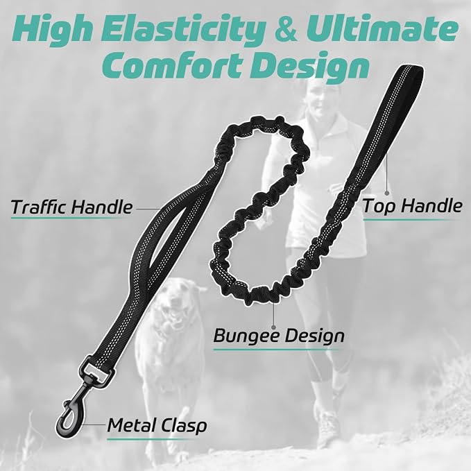 rabbitgoo Tactical Bungee Dog Leash with Shock Absorption, Military Training Leash with 2 Padded Control Handles for Medium Large Dogs, 5.2FT, Black