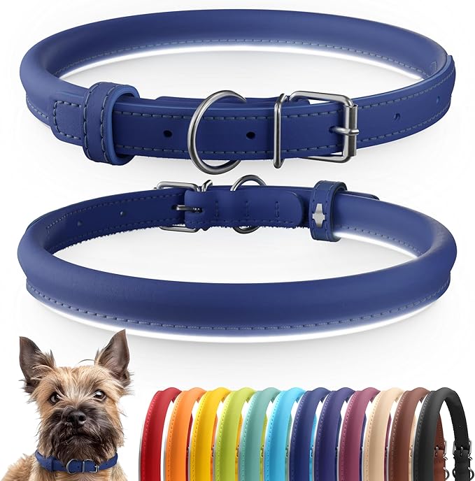 CollarDirect Reflective Rolled Leather Dog Collar, Soft Padded Round Puppy Collar, Handmade Genuine Leather Collar Dog Small Large Cat Collars 13 Colors (6-7 Inch, Deep Blue Reflective)
