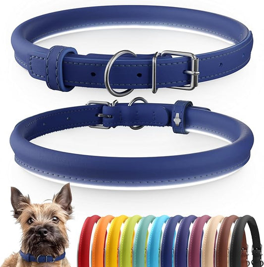 CollarDirect Reflective Rolled Leather Dog Collar, Soft Padded Round Puppy Collar, Handmade Genuine Leather Collar Dog Small Large Cat Collars 13 Colors (6-7 Inch, Deep Blue Reflective)