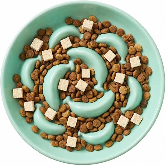 Ceramic Cat Slow Feeder Bowl - 6.3'' Wide Opening Whisker Friendly Cat Plate for Dry and Wet Food - Cute Maze Feeder Dish Helps Reduce Vomiting - Microwave and Dishwasher Safe - Green