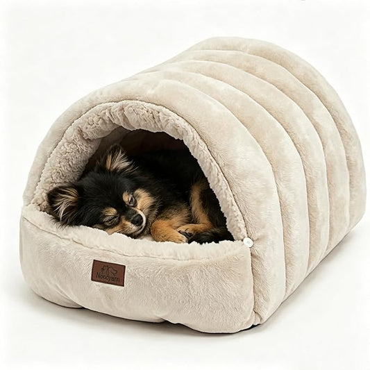 Covered Cat Bed Cave for Indoor Cats, 2-in-1 Enclosed Pet Bed for Small Dogs and Kittens with Zippered Washable Cat Mats, Cat House Bed, Beige