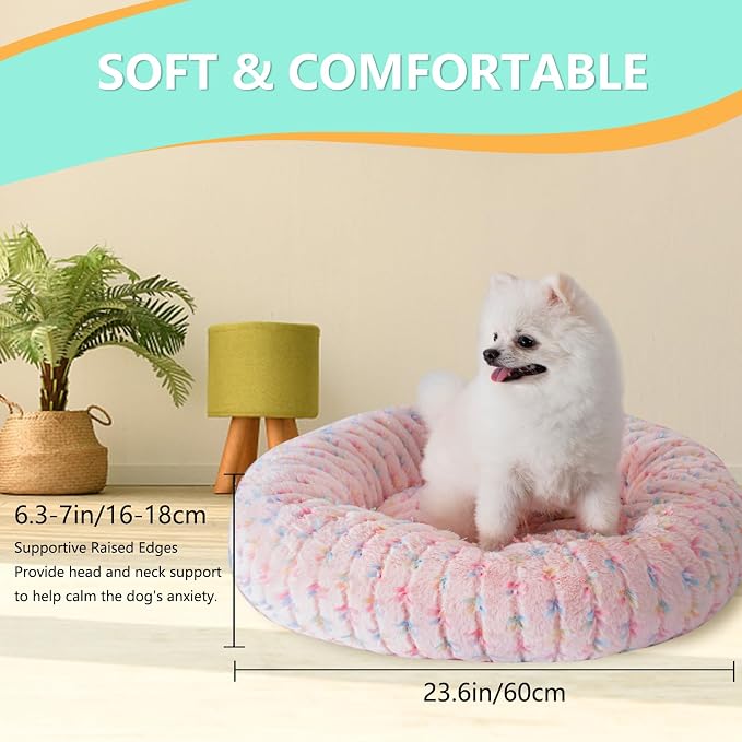 23 Inch Calming Dog Bed for Small Dogs Cats, Kitty Puppy Round Anti-Anxiety Warm Bed, Soft Cozy Anti-Slip Donut Washable Pet Bed, Fits up to 30 lbs Pets