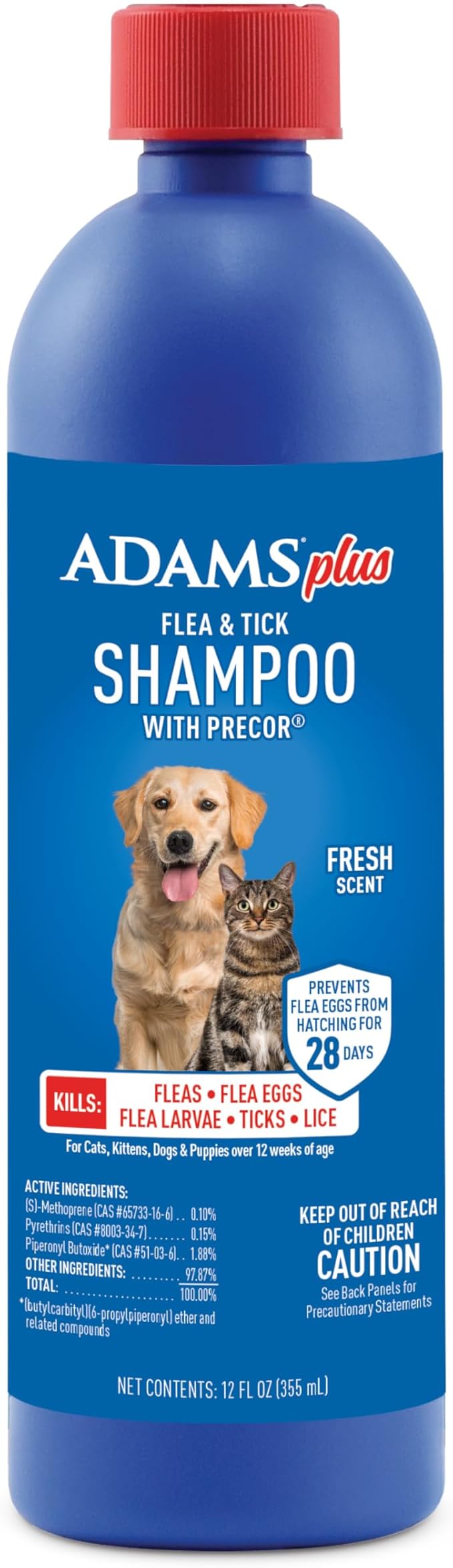 ADAMS Plus Flea & Tick Shampoo with Precor for Dogs, Cats, Puppies & Kittens, Flea Shampoo to Treat Infestations, Kills Ticks, Fleas, Flea Eggs & Lice, Cleans and Conditions Coat, 12 Ounces