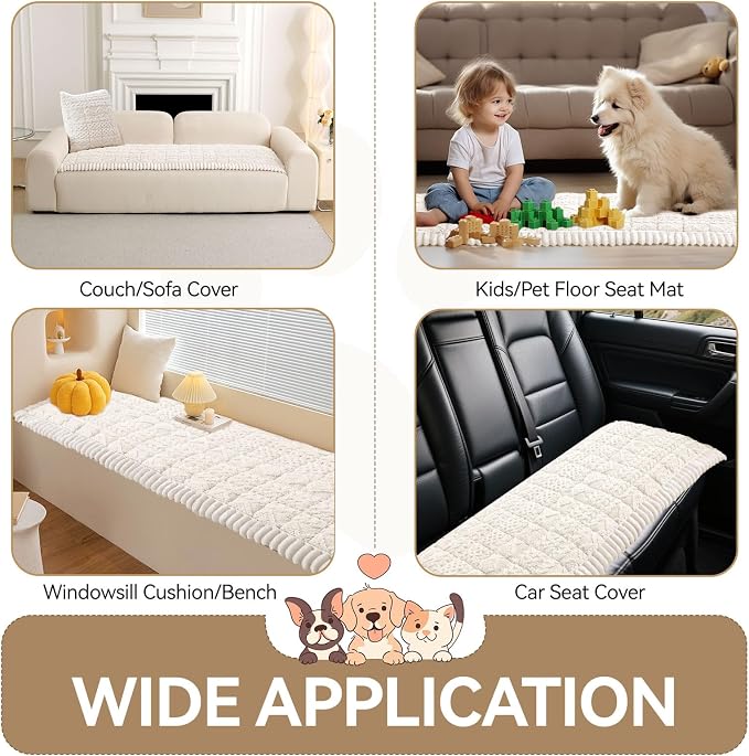 OTOB All Seasons Sofa Covers for 3 Cushion Couch Washable, Geometric Jacquard Fuzzy Non-Slip Pet Couch Cover, Kids Pet Friendly Soft Plush Sofa Slipcovers Dog Bed Mats (Off White, 27.6" x 70.9")
