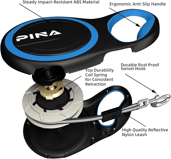 PINA Retractable Dog Leash, 16ft Dog Leash for Small Medium Dogs Up to 44lbs, 360° Tangle-Free Strong Reflective Nylon Tape, with Anti-Slip Handle, One-Handed Brake, Lock - Black Blue