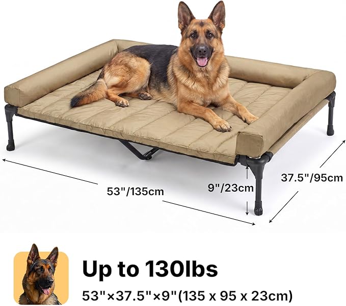 Veehoo Cooling Elevated Dog Bed Add Removable Waterproof Bolster Cushion Mat, Raised Pet Cot with Breathable Teslin Mesh, No-Slip Feet, Dog Couch Bed for Indoor Outdoor, 53 inches, Beige Coffee