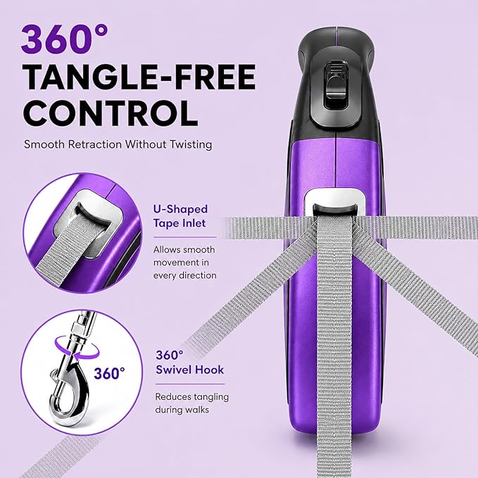 Heavy Duty Retractable Dog Leash-16ft Strong & Durable Walking Leash for S to L Dogs up to 45/115 lbs, Upgraded Lock System, Non Slip Grip, Tangle Free (Purple, Medium-Large Sized)