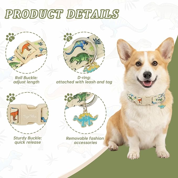 Dinosaur Dog Collar, Cute Boy Dog Collars for Small Medium Large Dogs, Soft Cotton Adjustable Puppy Collar with Dino Pattern, Male Dogs Pet Collar for Gifts & Daily Use-L