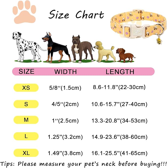 Bee Cotton Dog Collar, Summer Spring Bee Floral Pattern,Adjustable Soft Pet Collar with Cute Charm/Durable Buckle, Lightweight Comfortable for Small Medium Large Dogs