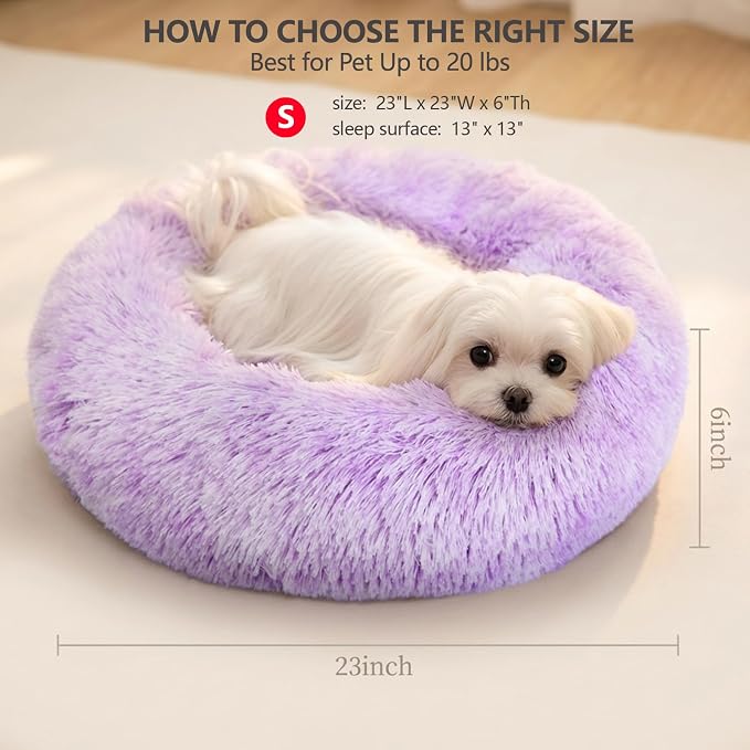 Calming Donut Dogs Beds for Small Dogs Washable,23inch Plush Round Pet Bed for Cozy Sleep,Fluffy Faux Fur Large Cat Bed,Fits up to 25 lbs Pets,Gradient Purple