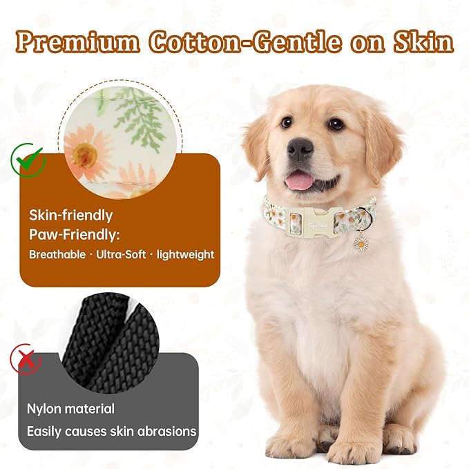 Floral Dog Collar, Spring Summer Cute Daisy Print for Small Medium Large Dogs, Cotton Puppy Collar with Adjustable Buckle, Girl Female Dog Collars for Gifts & Daily Use-XS
