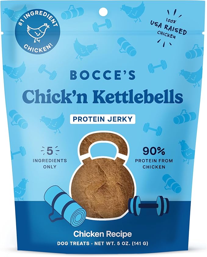 Bocce's Bakery Chick’n Kettlebells Chicken Jerky Protein Cuts Dog Treats – Natural & High-Protein, Wheat-Free, Made with Real Ingredients – Baked in The USA with No Added Salt or Sugar, 5oz
