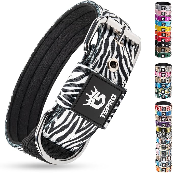 TSPRO Tactical Heavy Duty Dog Collar 1.5 Inch Wide & Thick, Durable Metal Buckle, Adjustable for Medium to Large Dogs, Strong & Comfortable for Daily Use (Classic Zebra Print, M)
