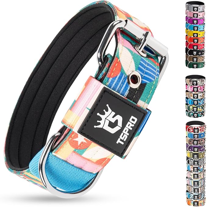 TSPRO Tactical Heavy Duty Dog Collar 1.5 Inch Wide & Thick, Durable Metal Buckle, Adjustable for Medium to Large Dogs, Strong & Comfortable for Daily Use (Memphis Geometric Print, L)