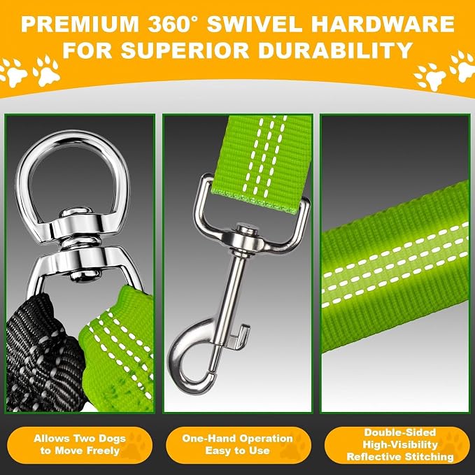 Double Dog Leash for Two Dogs, Professional No Tangle 360° Swivel Coupler with Shock Absorbing Bungee, Adjustable Length Dual-Sided Reflective Two Dogs Lead Splitter for Small Medium Large Dog