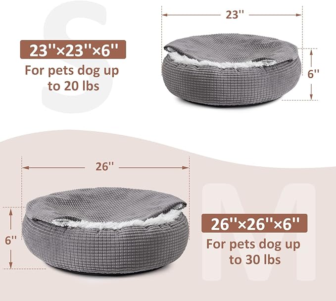 MIXJOY Dog Bed with Blanket, Round Calming Cozy Cave for Medium Dogs, Soft Plush Cuddler Puppy Bed and Burrow Cave, Anti-Slip Bottom, 26inch