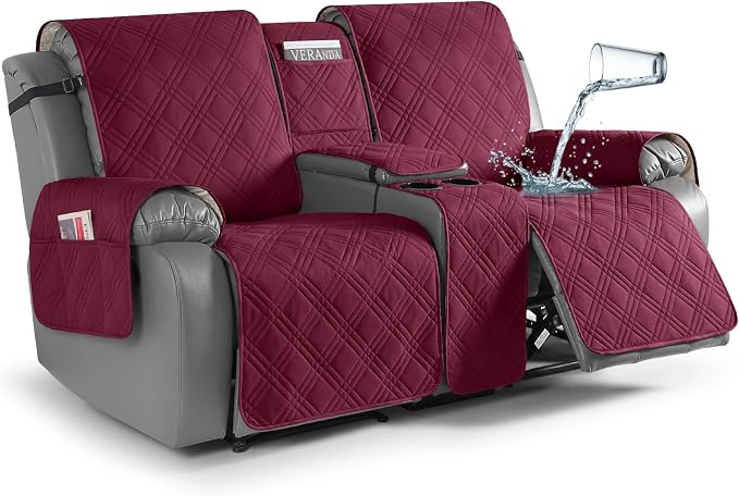 TAOCOCO Waterproof Loveseat Recliner Cover with Console, Non-Slip Reclining Loveseat with Console Cover with Pocket, Split Recliner Sofa Covers Furniture Protector for Pets Dogs(2 Seater, Wine)