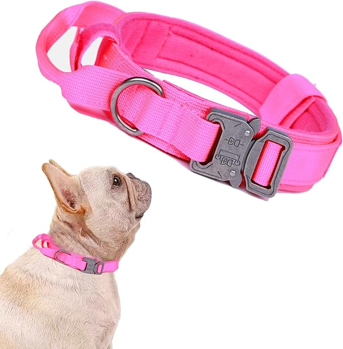 Tactical Dog Collar Adjustable Military Nylon Dog Collar with Control Handle and Heavy Duty Metal Buckle for Medium and Large Dogs (Pink,S)