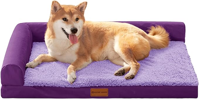 Patas Lague Orthopedic Dog Bed Medium Size Dog 30''X20'', Waterproof L Bolster Medium Pet Sofa Beds with Removable Washable Cover, Soft Pet Couch Crate Mat with Nonskid Bottom, Purple