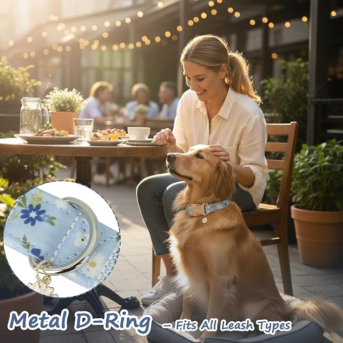 Dog Collar with Floral Patterns, Spring Summer Collection Blue Dog Collar with Exquisite Pendant, Durable Adjustable Collars for Gifts & Daily Use-S