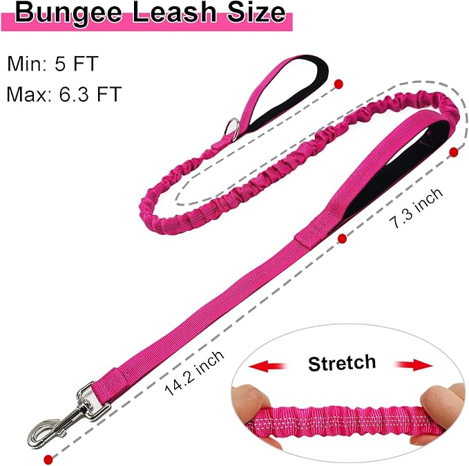 5FT Bungee Dog Leash with 2 Handles, Reflective Strong Nylon Traffic Leash, Shock Absorbing Lead for Large Medium Dogs Walking Training Controlling, Rose red