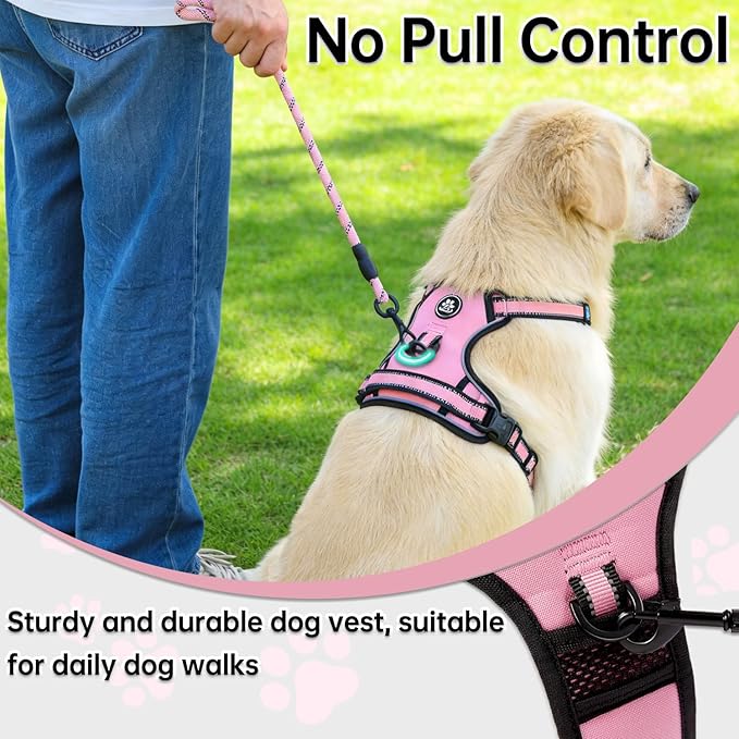NESTROAD Dog Harness for Large Dogs,No Pull Dog Vest Harness with Leash,Reflective Adjustable Pet Harness with Easy Control Soft Handle (Large,Pink)