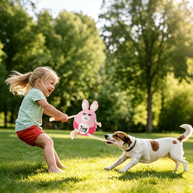 BABORUI Interactive Dog Toys, Easter Squeaky Dog Rope Toys with Recording and Music Modes, Dogs Tug Toy for Small/Medium/Large Dogs to Keep Them Busy (Pink Bunny)